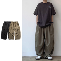 夏季日系復古純色寬松褶皺慵懶濶腿褲男女百搭直筒休閒繖兵長褲子