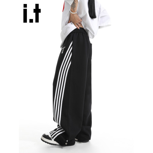 it :5cm/FIVECM美式休閒運動褲男女條紋濶腿褲2025松緊腰寬松長褲