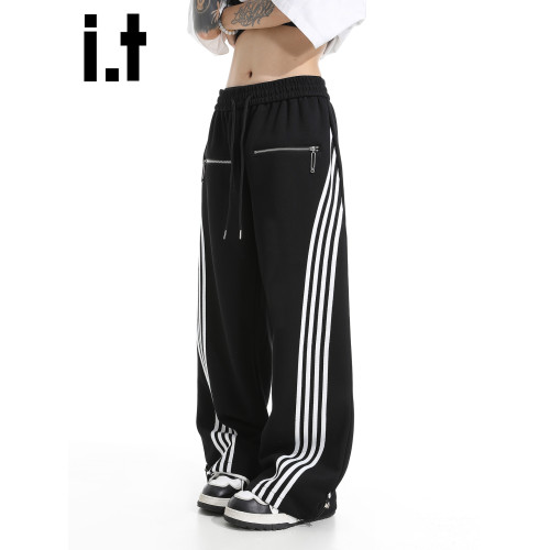 it :5cm/FIVECM美式休閒運動褲男女條紋濶腿褲2025松緊腰寬松長褲