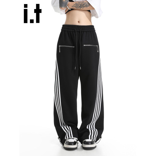 it :5cm/FIVECM美式休閒運動褲男女條紋濶腿褲2025松緊腰寬松長褲