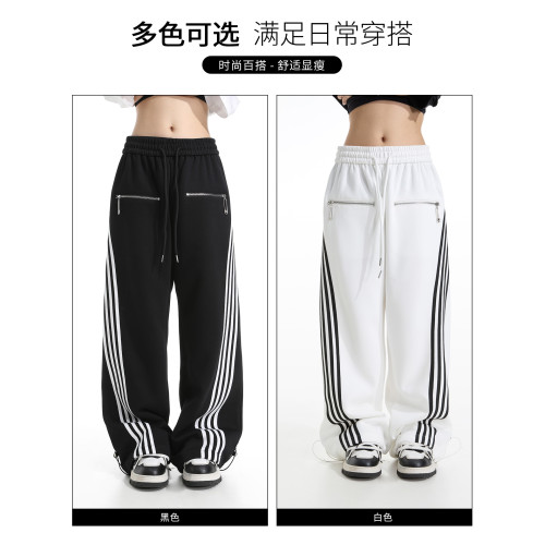 it :5cm/FIVECM美式休閒運動褲男女條紋濶腿褲2025松緊腰寬松長褲