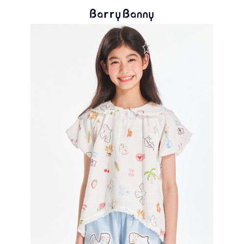 BarryBanny女童滿印彩色塗鴉短袖T恤夏季新款中大童休閒寬松上衣