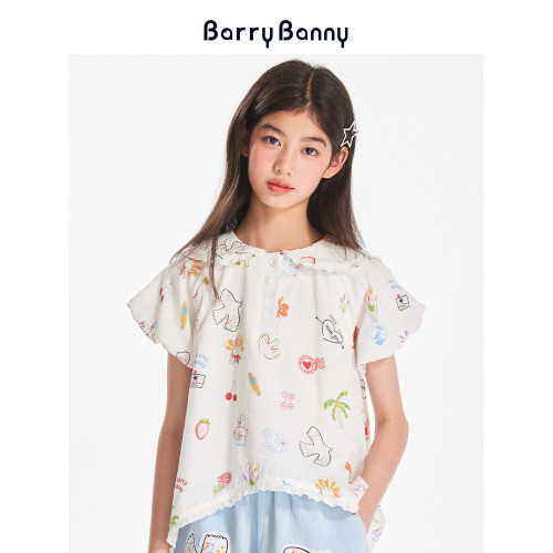 BarryBanny女童滿印彩色塗鴉短袖T恤夏季新款中大童休閒寬松上衣