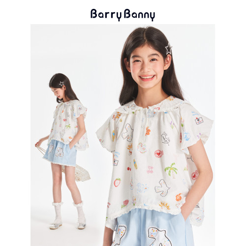 BarryBanny女童滿印彩色塗鴉短袖T恤夏季新款中大童休閒寬松上衣
