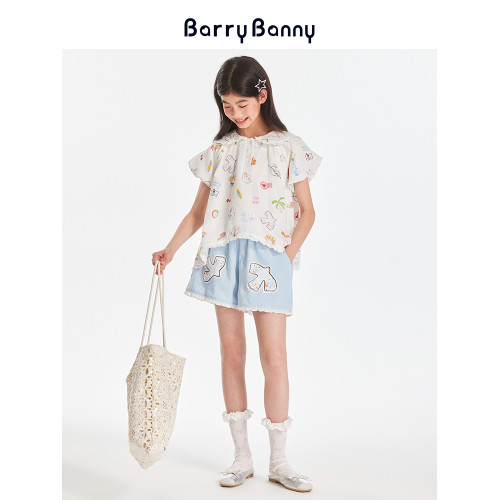 BarryBanny女童滿印彩色塗鴉短袖T恤夏季新款中大童休閒寬松上衣