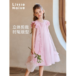 Little Naive兒童連衣裙夏季新款流光緞飛袖網紗裙女童甜美蛋糕裙