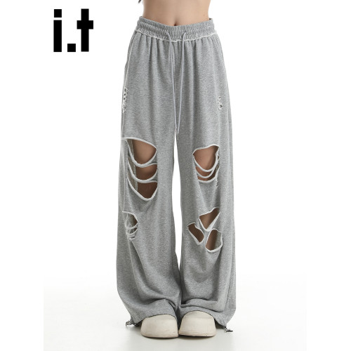 it :5cm/FIVECM美式乞丐風破洞松緊腰濶腿褲男女2025夏季寬松長褲