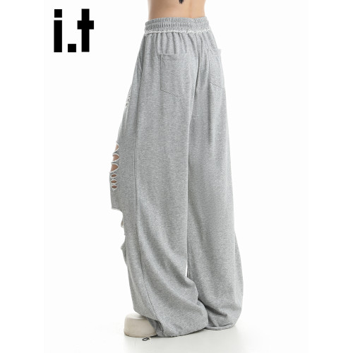 it :5cm/FIVECM美式乞丐風破洞松緊腰濶腿褲男女2025夏季寬松長褲