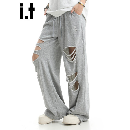 it :5cm/FIVECM美式乞丐風破洞松緊腰濶腿褲男女2025夏季寬松長褲