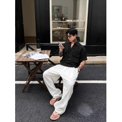 NY老錢風亞麻白色褲子男2025新款夏季薄款休閒褲慵懶風寬松濶腿褲