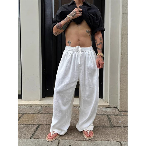 NY老錢風亞麻白色褲子男2025新款夏季薄款休閒褲慵懶風寬松濶腿褲