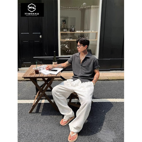 NY老錢風亞麻白色褲子男2025新款夏季薄款休閒褲慵懶風寬松濶腿褲