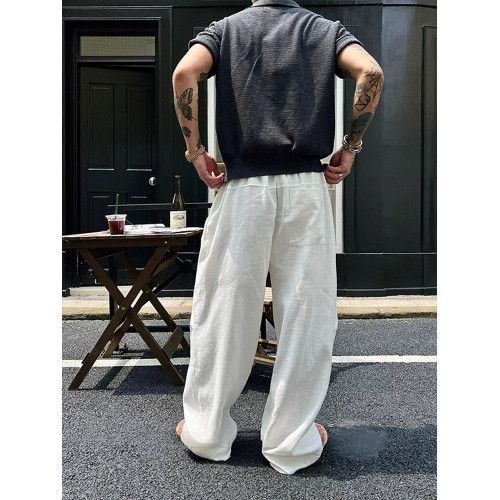 NY老錢風亞麻白色褲子男2025新款夏季薄款休閒褲慵懶風寬松濶腿褲