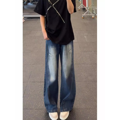 高級破洞彎刀牛仔褲男士夏季新款潮牌cleanfit濶腿褲男款微喇長褲