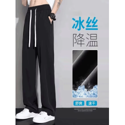 BuKe日系夏季冰絲速乾長褲寬松濶腿褲涼感抽繩松緊腰休閒潮