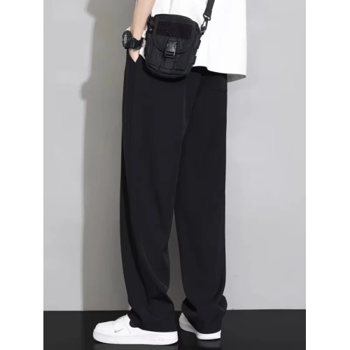 BuKe日系夏季冰絲速乾長褲寬松濶腿褲涼感抽繩松緊腰休閒潮