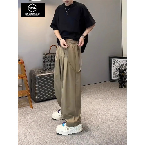 NY潮牌男士夏季薄款褲子2025年新款冰絲速乾濶腿褲寬松直筒休閒褲