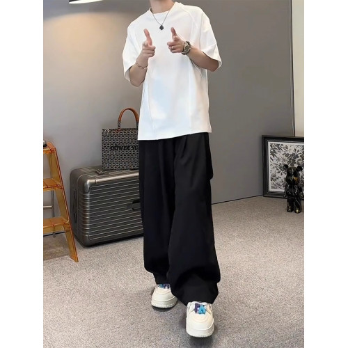 NY潮牌男士夏季薄款褲子2025年新款冰絲速乾濶腿褲寬松直筒休閒褲