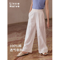 Little Naive女童法式浪漫休閒褲夏季花邊鏤空刺綉褲子兒童直筒褲