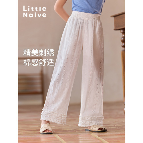 Little Naive女童法式浪漫休閒褲夏季花邊鏤空刺綉褲子兒童直筒褲