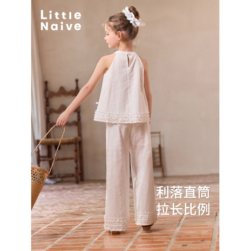 Little Naive女童法式浪漫休閒褲夏季花邊鏤空刺綉褲子兒童直筒褲