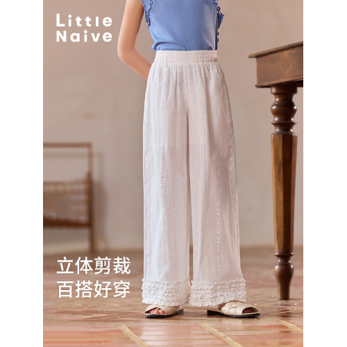 Little Naive女童法式浪漫休閒褲夏季花邊鏤空刺綉褲子兒童直筒褲