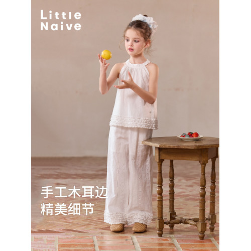 Little Naive女童法式浪漫休閒褲夏季花邊鏤空刺綉褲子兒童直筒褲