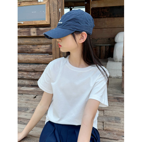 高級兒童夏季短袖女童小白T正肩袖純白色t恤中大童透氣吸汗休閒