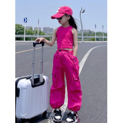 女童韓版工裝褲2025秋季新款中大童休閒百搭寬松束腳高腰炸街長褲