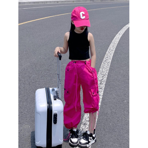 女童韓版工裝褲2025秋季新款中大童休閒百搭寬松束腳高腰炸街長褲