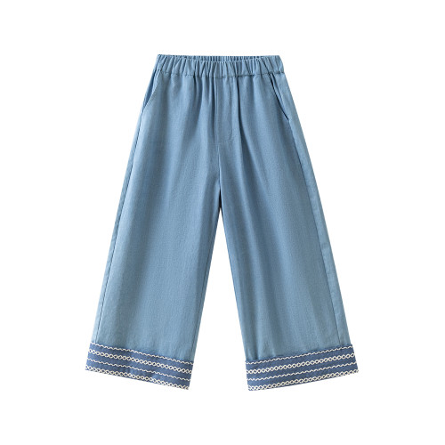 哈齒童裝夏季兒童休閒長褲女童牛仔褲簡約設計感中大童防蚊褲全棉