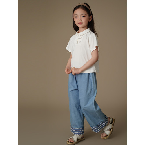 哈齒童裝夏季兒童休閒長褲女童牛仔褲簡約設計感中大童防蚊褲全棉