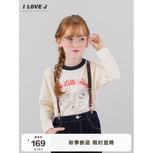 ILOVEJ韓國童裝2025秋季新款女童純棉T恤撞色卡通印花上衣JXFTO21