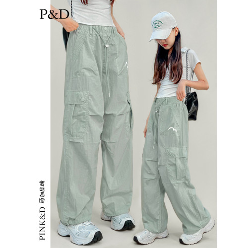 【品牌】2025夏季新款女童薄款工裝褲女大童寬松抽繩速乾休閒長褲
