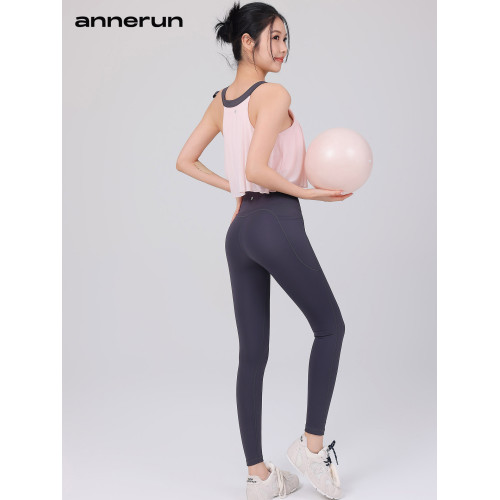 annerun果凍膠無痕高腰瑜伽褲女口袋九分緊身褲裸感蜜桃臀運動褲