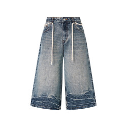 復古做舊中性牛仔濶腿褲中高腰七分抽繩紥花毛邊設計街頭潮酷