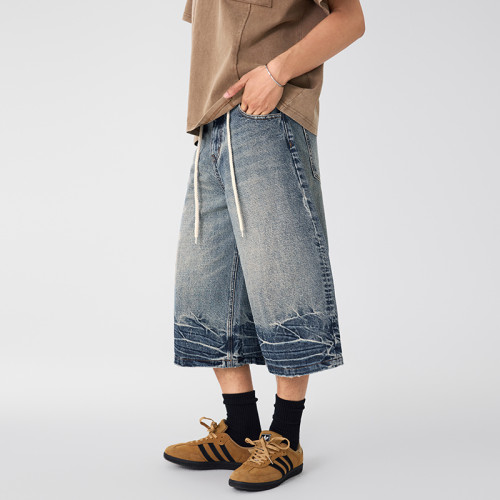 復古做舊中性牛仔濶腿褲中高腰七分抽繩紥花毛邊設計街頭潮酷