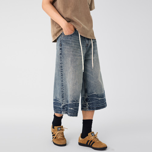 復古做舊中性牛仔濶腿褲中高腰七分抽繩紥花毛邊設計街頭潮酷