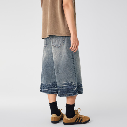 復古做舊中性牛仔濶腿褲中高腰七分抽繩紥花毛邊設計街頭潮酷