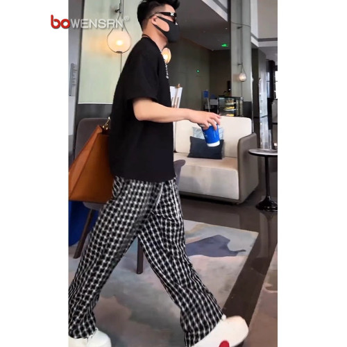 美式潮牌黑白格休閒褲男士夏季薄款2025新款男褲彎刀濶腿褲子男款