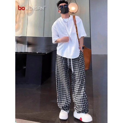 美式潮牌黑白格休閒褲男士夏季薄款2025新款男褲彎刀濶腿褲子男款