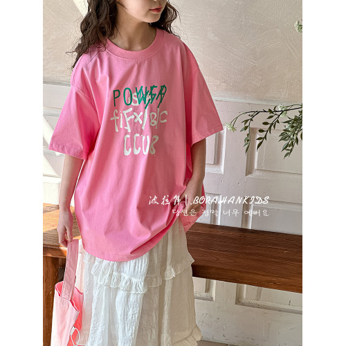 波拉韓童裝女童短袖夏季兒童2025新款寬松T恤中大童洋氣半袖t上衣