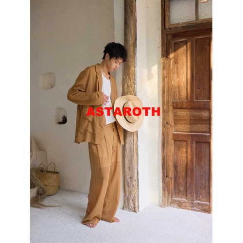 原創設計師休閒長褲男夏輕薄直筒濶腿褲寬松垂感棉質復古褶皺肌理