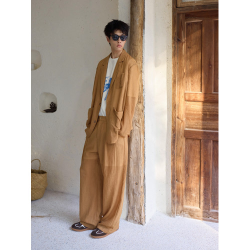 原創設計師休閒長褲男夏輕薄直筒濶腿褲寬松垂感棉質復古褶皺肌理