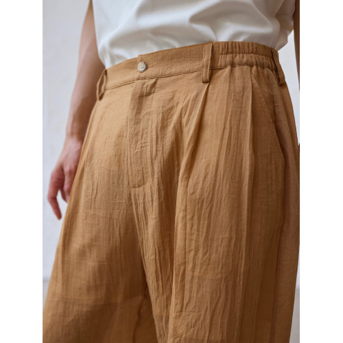 原創設計師休閒長褲男夏輕薄直筒濶腿褲寬松垂感棉質復古褶皺肌理