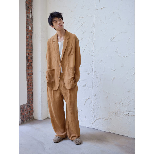 原創設計師休閒長褲男夏輕薄直筒濶腿褲寬松垂感棉質復古褶皺肌理