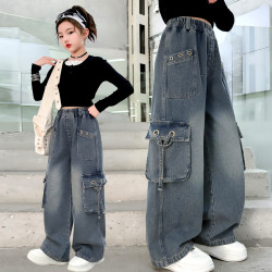 女童工裝褲春秋女大童春款牛仔褲潮酷寬松濶腿褲休閒春季兒童褲子