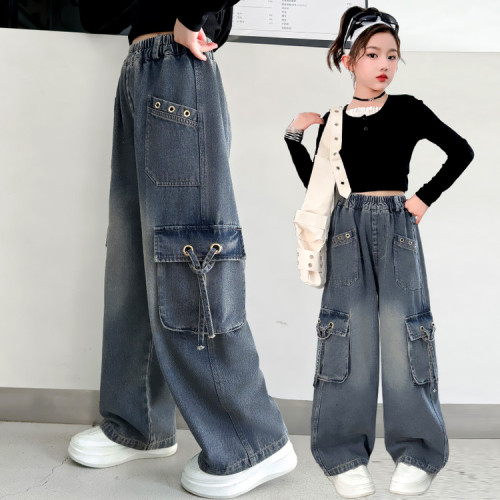 女童工裝褲春秋女大童春款牛仔褲潮酷寬松濶腿褲休閒春季兒童褲子