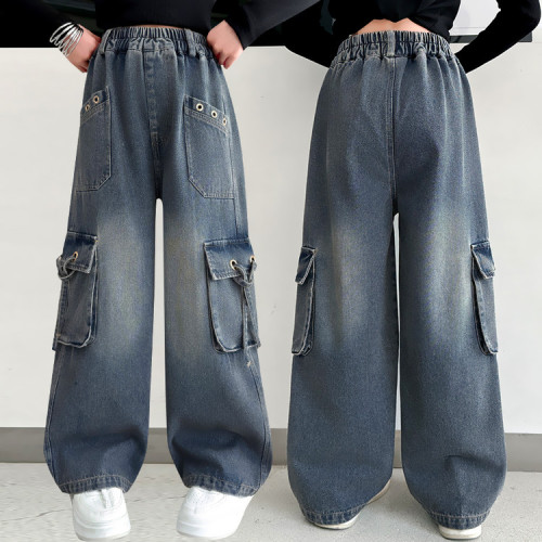 女童工裝褲春秋女大童春款牛仔褲潮酷寬松濶腿褲休閒春季兒童褲子