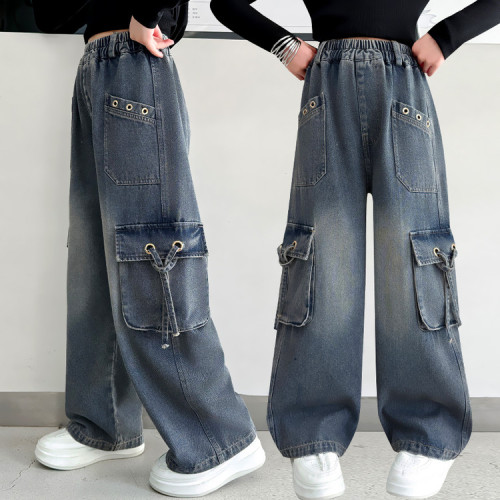 女童工裝褲春秋女大童春款牛仔褲潮酷寬松濶腿褲休閒春季兒童褲子